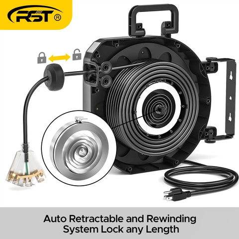 Retractable 55Ft Extension Cord Reel For Garage And Workshop, showing auto rewind system with lighted triple tap outlet.