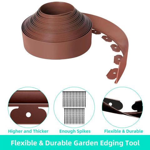 Durable Flexible 4 Inch Landscape Edging Coil Kit With 30 Spikes For Lawn Borders And Flower Beds 33 Feet Brown Plastic Edging