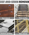 Various surfaces with rust, wood, aluminum, and stains illustrating the effectiveness of Pro Grade Surface Conditioning Tool 4.7 By 4 Inch Nylon Abrasive Wheel With 60 Grit Silicon Carbide Drum Burnishing Wheel For Polishing Wood Metal Paint Stain And Rust Removal On Your Polishing Machine.