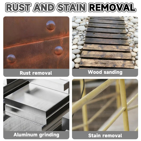 Various surfaces with rust, wood, aluminum, and stains illustrating the effectiveness of Pro Grade Surface Conditioning Tool 4.7 By 4 Inch Nylon Abrasive Wheel With 60 Grit Silicon Carbide Drum Burnishing Wheel For Polishing Wood Metal Paint Stain And Rust Removal On Your Polishing Machine.