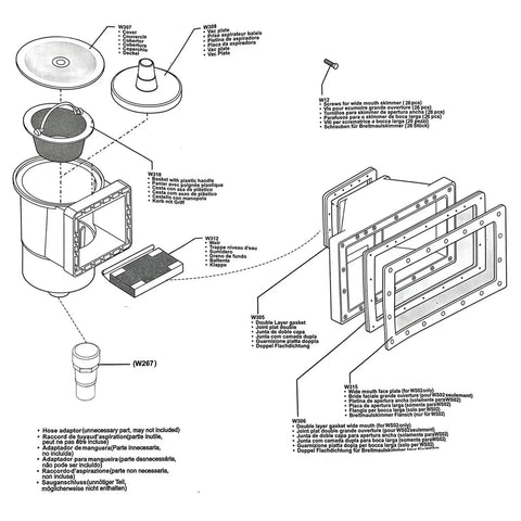 Diagram of Above Ground Pool Skimmer Kit With Wide Mouth Thru-Wall Opening components and dimensions