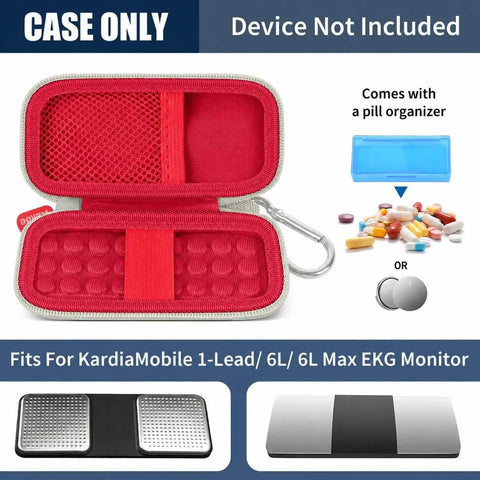 Solid Build Hard Case For Alivecor Kardiamobile One Lead 6L And 6L Max Featuring Shock Absorbing Foam Padding And Splash Resistant Shell For Commute Ready Storage, red pouch with pill organizer.