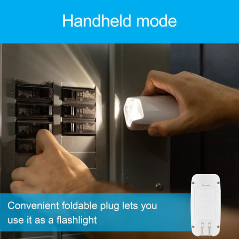 4-In-1 Power Outage Plug In Night Light And LED Flashlight, handheld use, illuminating an electrical panel, dusk to dawn sensor