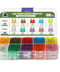 One Hundred Piece Standard Blade Fuses Assortment Kit for Cars Trucks and RV featuring various fuses in a clear organizer.