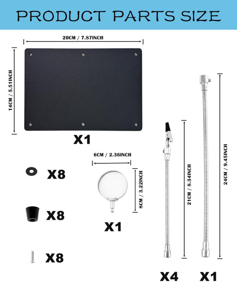 Components layout of Helping Hands Soldering Station With Magnifying Glass 2.5X, including base, arms, magnifier, and parts sizing.