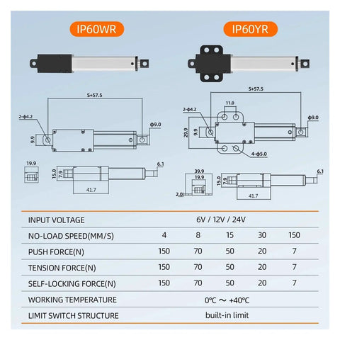 Heavy-Duty Telescopic Linear Actuator 6-24V DC, 10 to 200mm Stroke, Aluminum Housing Built Tough with IP54 IP65 Protection, Front and Rear Mounting Options, For Industrial Machinery and DIY Projects dimension chart