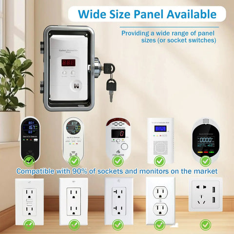 Carbon Monoxide Detector Lock Box With 2 Keys, Protective Enclosure For CO Alarm And Natural Gas Leak Detector shown with compatible sockets