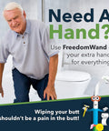 Elderly man near toilet needing 20 Inch Toilet Wiping Aid For Men And Women Multipurpose Personal Hygiene Tool for support.