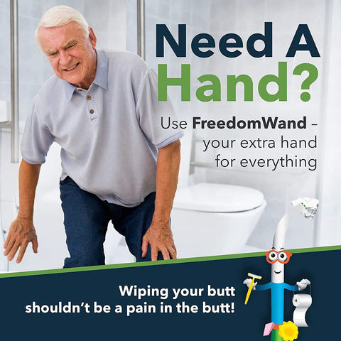 Elderly man near toilet needing 20 Inch Toilet Wiping Aid For Men And Women Multipurpose Personal Hygiene Tool for support.