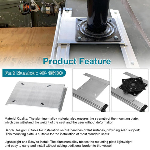 Aluminum Jon Boat Seat Mount Plate SP15100 for Attwood Swivl Eze, shown flat and installed with pedestal on bench-style base.