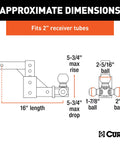 Three Ball Trailer Hitch Mount With Adjustable Shank For One Seven Eighths Inch, Two Inches Or Two And Five Sixteenths Inches Couplers Fits A Two By Two Receiver Heavy Duty No Fuss Leveling And Towing, dimensions diagram showing 5-3/4 inch rise/drop, fits 2 inch receiver tubes.