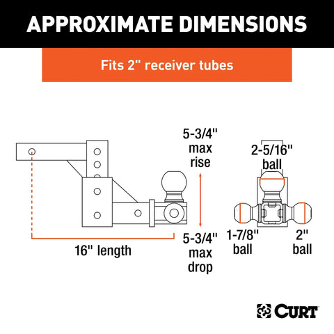 Three Ball Trailer Hitch Mount With Adjustable Shank For One Seven Eighths Inch, Two Inches Or Two And Five Sixteenths Inches Couplers Fits A Two By Two Receiver Heavy Duty No Fuss Leveling And Towing, dimensions diagram showing 5-3/4 inch rise/drop, fits 2 inch receiver tubes.