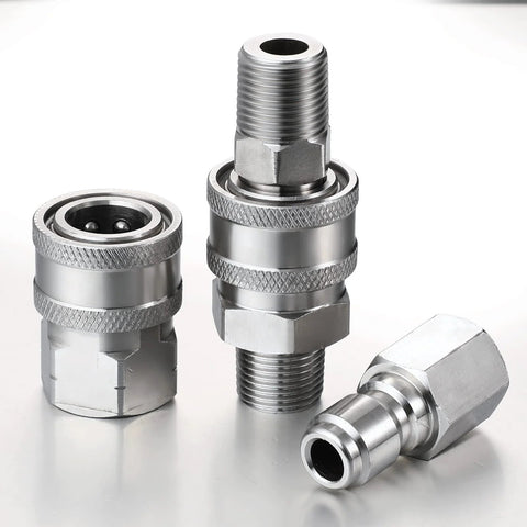 Hotop 2-set stainless steel NPT 3/8 inch quick-connect pressure washer adapters, male and female.