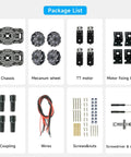 Package list of 68mm Mecanum Wheel 4WD Robot Car Chassis With Omnidirectional Wheels Aluminum Alloy Frame TT Motors and parts