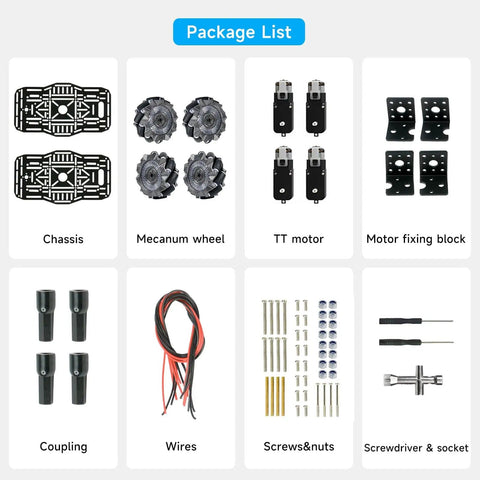 Package list of 68mm Mecanum Wheel 4WD Robot Car Chassis With Omnidirectional Wheels Aluminum Alloy Frame TT Motors and parts