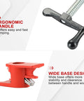 Front view of 6-piece FLKQC 3/4 in wood-gluing pipe clamp set with foot design; red base, cast-iron clamps.