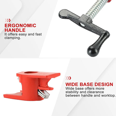 Front view of 6-piece FLKQC 3/4 in wood-gluing pipe clamp set with foot design; red base, cast-iron clamps.