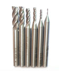 Six silver 4-flute CNC end mills (HSS) with cylindrical shanks, front view for metal milling