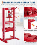 Badass 6 Ton Hydraulic Press H Frame Shop Press With Two Steel Plates And Adjustable Table For Metal Bending Straightening And Heavy Duty Garage Mods Built Different with red stable H-shaped structure and movable press plate.
