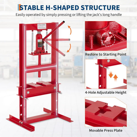 Badass 6 Ton Hydraulic Press H Frame Shop Press With Two Steel Plates And Adjustable Table For Metal Bending Straightening And Heavy Duty Garage Mods Built Different with red stable H-shaped structure and movable press plate.