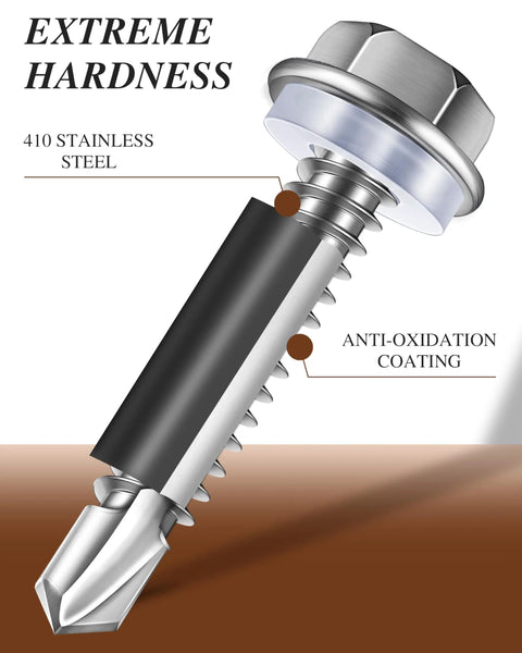Close-up of a 410 stainless steel hex washer head sheet metal screw, showing anti-oxidation coating and extreme hardness features.