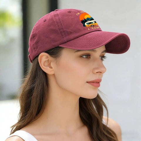 Woman wearing Dope Vintage RV Camper Hat For Women With Funny Tow It Quote In Wine Red Outdoor Adventure Cap