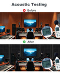 Before and after acoustic testing in a studio using Top Shelf Studio Gear 48 Pack Premium High Density Acoustic Foam Panels 12 By 12 Inch Wedge Design Sound Absorbing Wall Tiles For Badass Home Recording Setup.