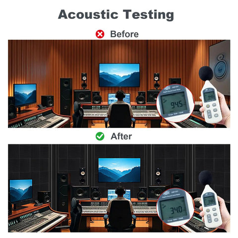 Before and after acoustic testing in a studio using Top Shelf Studio Gear 48 Pack Premium High Density Acoustic Foam Panels 12 By 12 Inch Wedge Design Sound Absorbing Wall Tiles For Badass Home Recording Setup.