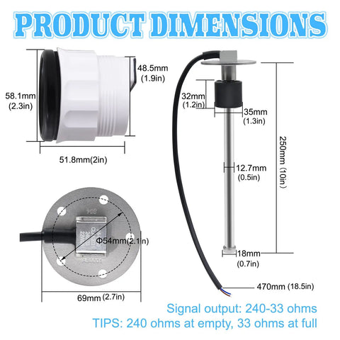 Fuel Sending Unit With Boat Gauge Kit 10 Inch Sender And Gauge For Cars Boats RVs Industrial Equipment 240 Ohm Empty To 33 Ohm Full Marine Grade Fuel Level Sensor Easy Install Reliable Durable Quick Install For Most Fuel Tanks And Marine Applications. 10-inch 316 stainless sender with 240-33 ohm output and mounting dimensions
