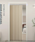 Door with beige curtain using Magnetic Curtain Rods 4 Pack For Metal Doors Nine To Sixteen Inch Adjustable Half Inch Diameter White