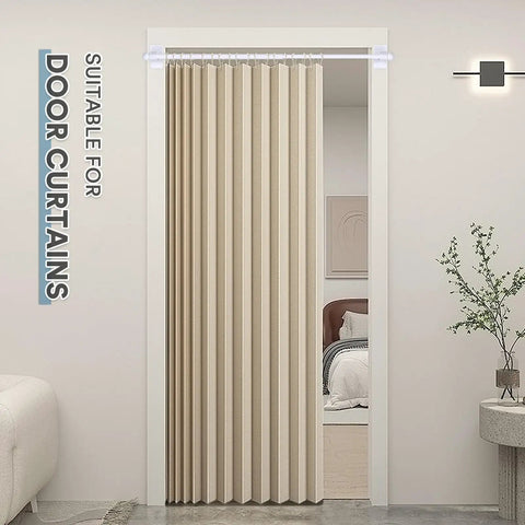Door with beige curtain using Magnetic Curtain Rods 4 Pack For Metal Doors Nine To Sixteen Inch Adjustable Half Inch Diameter White