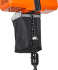 Close-up of Heavy Duty 1100 Lb Electric Chain Hoist 15 Ft Lift 120V Copper Motor chain and motor housing.