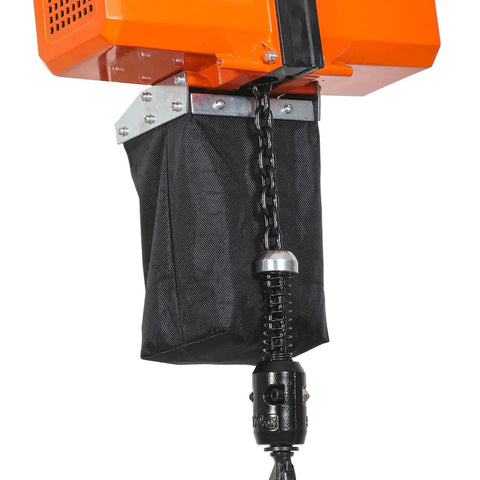 Close-up of Heavy Duty 1100 Lb Electric Chain Hoist 15 Ft Lift 120V Copper Motor chain and motor housing.