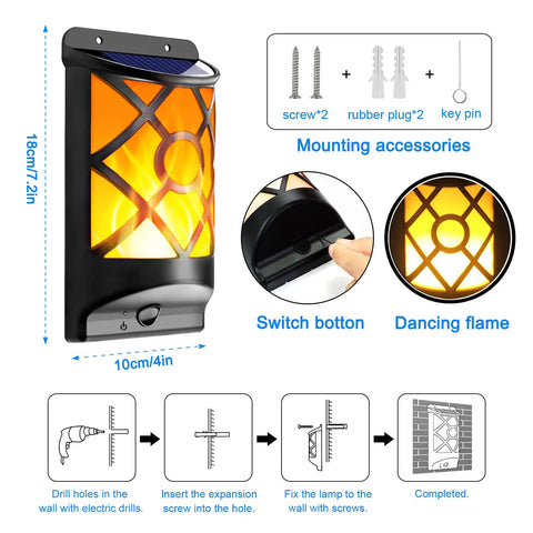 Diagram showing installation of 6 Pack Solar Flame Lights Outdoor Realistic 3D Flickering Flames Wall Lanterns With 66 Ultra Bright LEDs.