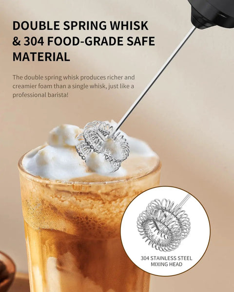 Rechargeable Handheld Milk Frother With Dual Coil Whisk Head Electric Coffee Frother Wand for Matcha Lattes making foam in drink