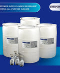 Straight Up Heavy Duty Industrial Degreaser And All Purpose Cleaner, 55 Gallon Bulk Drum With Four Refillable Spray Bottles on display.