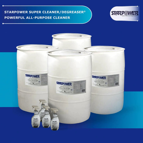 Straight Up Heavy Duty Industrial Degreaser And All Purpose Cleaner, 55 Gallon Bulk Drum With Four Refillable Spray Bottles on display.