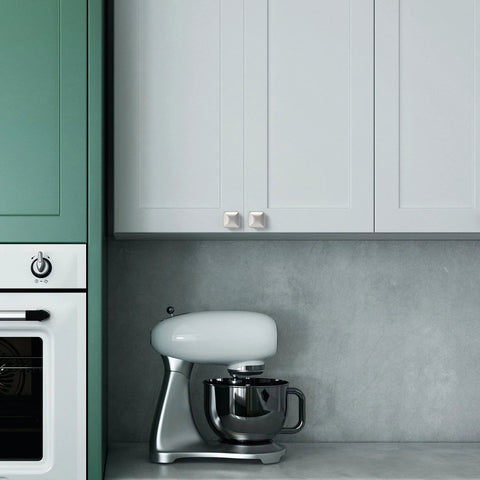 Modern kitchen with cabinets featuring Brushed Satin Nickel Cabinet Knobs 25 Pack For Kitchen Cabinets And Dresser Drawers Zinc Hardware.