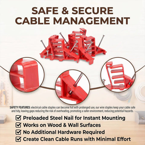 Lothee 200 Pack Red Cable Staples Clips With Steel Nails, detailed view showing heavy duty plastic clips for secure cable management.