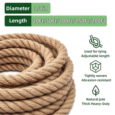 Beefy 3/4 Inch Manila Jute Rope 50 Ft Natural All Weather Heavy Duty Rope for Crafts and DIY Projects, coiled and tightly woven