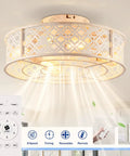 20" Flush Mount Caged Ceiling Fan with Remote, Retro White Floral Iron Low Profile Fan Light Fixture, Bulbs Not Included, showing design and remote.