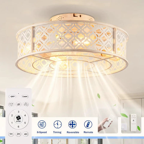 20" Flush Mount Caged Ceiling Fan with Remote, Retro White Floral Iron Low Profile Fan Light Fixture, Bulbs Not Included, showing design and remote.