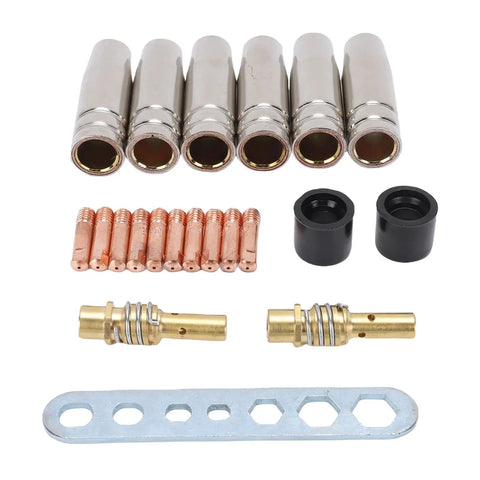 Fafeicy 21 Piece Welding Accessory Kit With Brass Gas Nozzles And 0.8mm Contact Tips For Mig Welding Torch components including nozzles and tips.