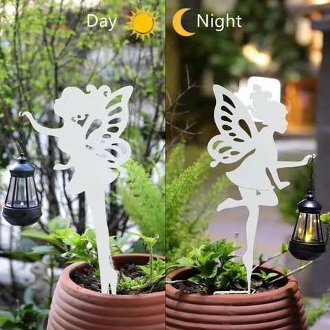 2 Pack Metal Fairy Hanging Lantern Solar Outdoor Garden Stakes with Silhouette Lights by day and night in garden