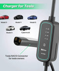 Badass Plug And Play Tesla EV Charger With Nacs Connector For Model 3 Y S X Cybertruck showing charge settings and connector.