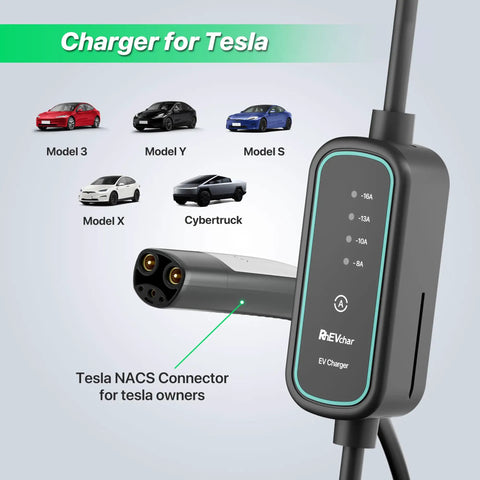 Badass Plug And Play Tesla EV Charger With Nacs Connector For Model 3 Y S X Cybertruck showing charge settings and connector.