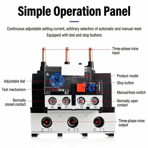 Three Phase Motor Protection Relay With 7-10A Adjustable Overload, showing operation panel and control features, industrial use