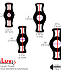 LeLuv Ultima black vacuum pump components diagram showing multiple ring-style attachments with size measurements.
