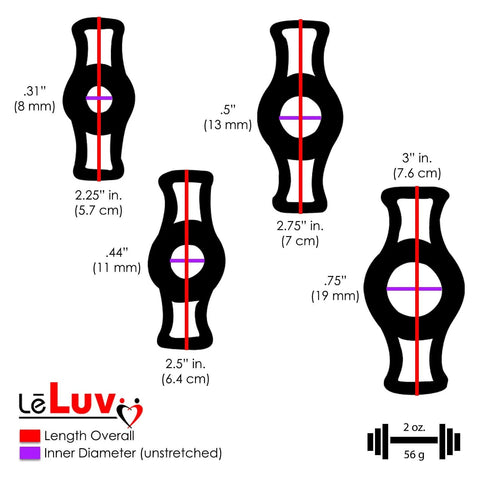 LeLuv Ultima black vacuum pump components diagram showing multiple ring-style attachments with size measurements.