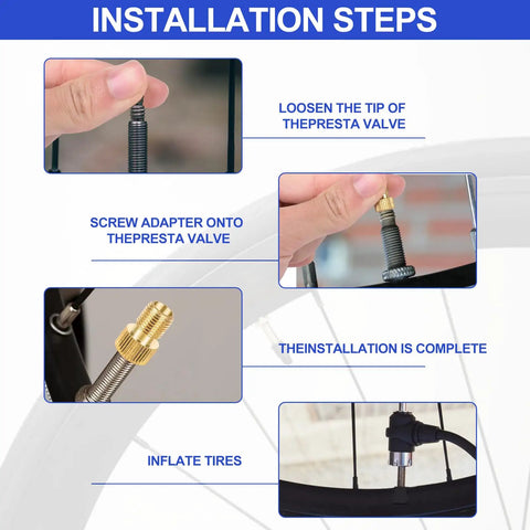Installation guide for Brass Presta to Schrader Valve Adapter Set for Quick Tire Inflation with Any Standard Bicycle Pump or Air Compressor